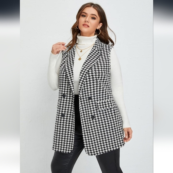 Women Vest Woundstooth Black and White Sleeveless Vest - Picture 3 of 6